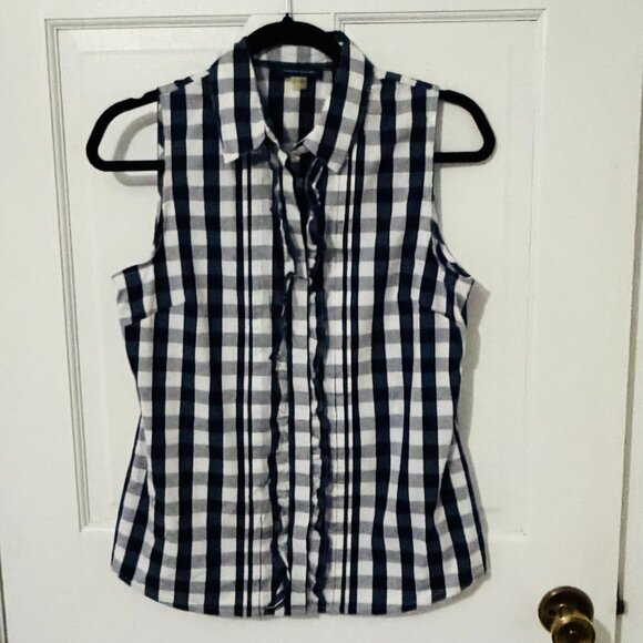 Tommy Hilfiger Navy/White Gingham Sleeveless Ruffle Button-up Size S- Like New! - Picture 10 of 10